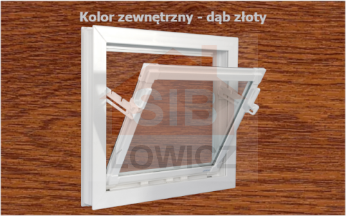 Typ: Okno inwentarskie PCV - UCHYLNE | 
Kolor: złoty dąb/biały | 
Szyba zespolona o grubości 14mm | 
Wymiary: 
szerokość: 90cm, 
wysokość: 50cm