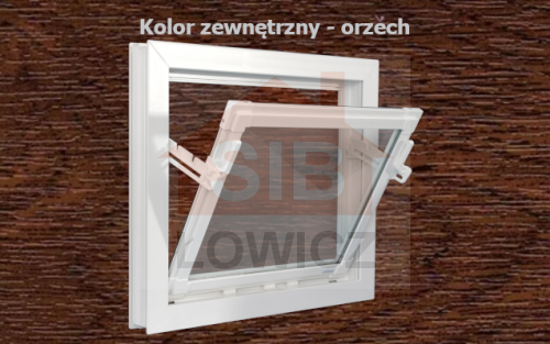 Typ: Okno inwentarskie PCV - UCHYLNE | 
Kolor: orzech/biały | 
Szyba zespolona o grubości 14mm | 
Wymiary: 
szerokość: 90cm, 
wysokość: 50cm