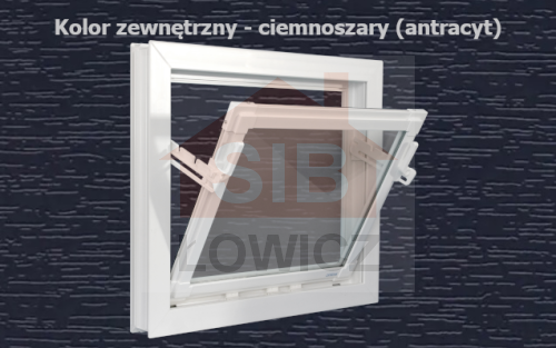 Typ: Okno inwentarskie PCV - UCHYLNE | 
Kolor: antracyt/biały | 
Szyba zespolona o grubości 14mm | 
Wymiary: 
szerokość: 100cm, 
wysokość: 70cm