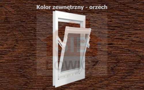 Typ: Okno inwentarskie PCV - UCHYLNE | 
Kolor: orzech/biały | 
Szyba zespolona o grubości 14mm | 
Wymiary: 
szerokość: 60cm, 
wysokość: 70cm