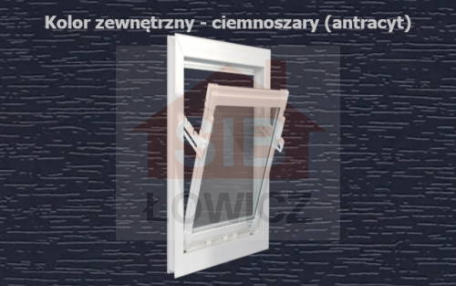 Typ: Okno inwentarskie PCV - UCHYLNE | 
Kolor: antracyt/biały | 
Szyba zespolona o grubości 14mm | 
Wymiary: 
szerokość: 70cm, 
wysokość: 100cm
