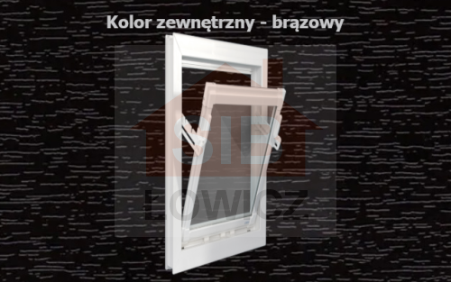 Typ: Okno inwentarskie PCV - UCHYLNE | 
Kolor: brązowy/biały | 
Szyba zespolona o grubości 14mm | 
Wymiary: 
szerokość: 80cm, 
wysokość: 100cm